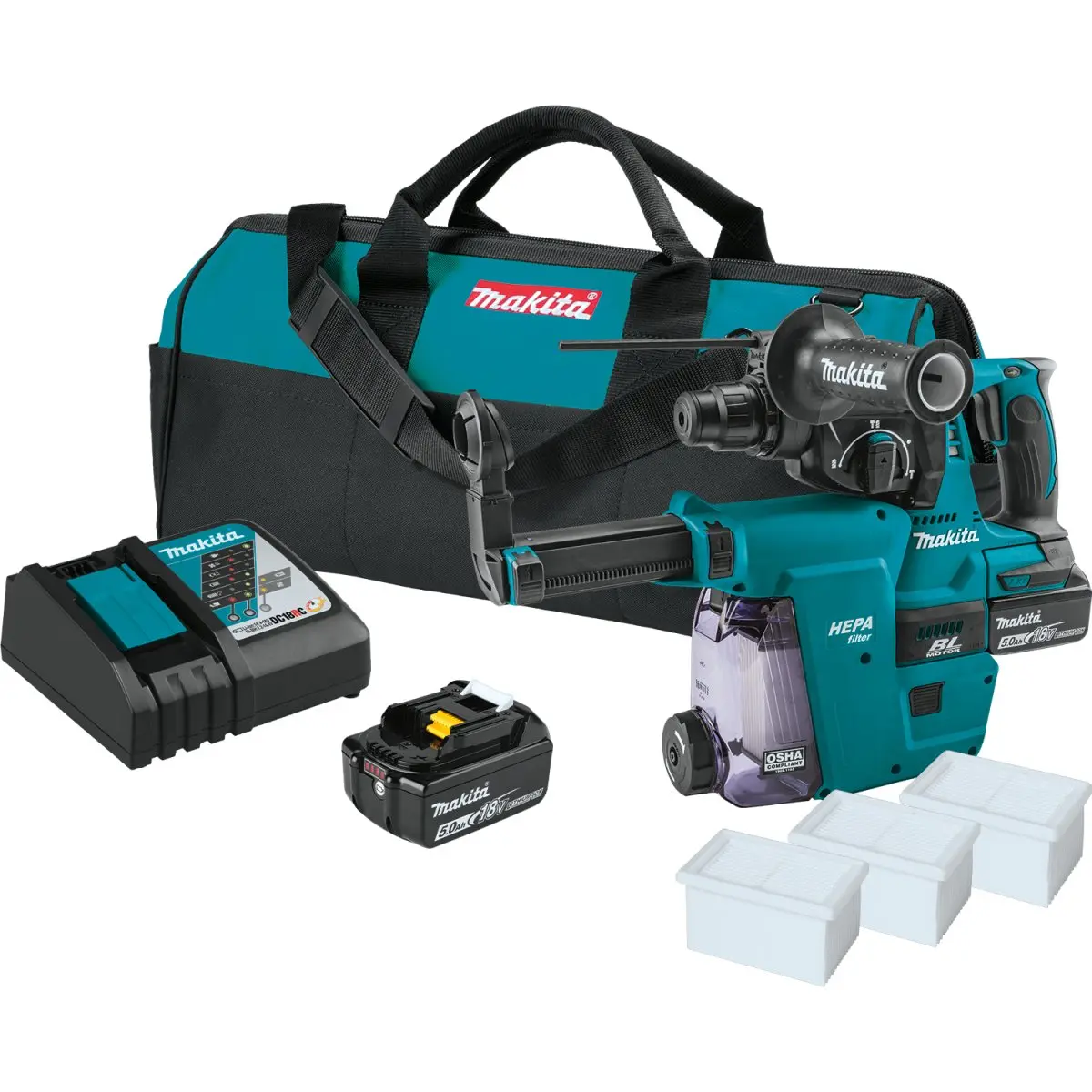 18V Lxt® Lithium‑Ion Brushless Cordless 1" Rotary Hammer Kit, Accepts Sds‑Plus Bits, W/ Hepa Dust Extractor Attachment (5.0Ah) 1