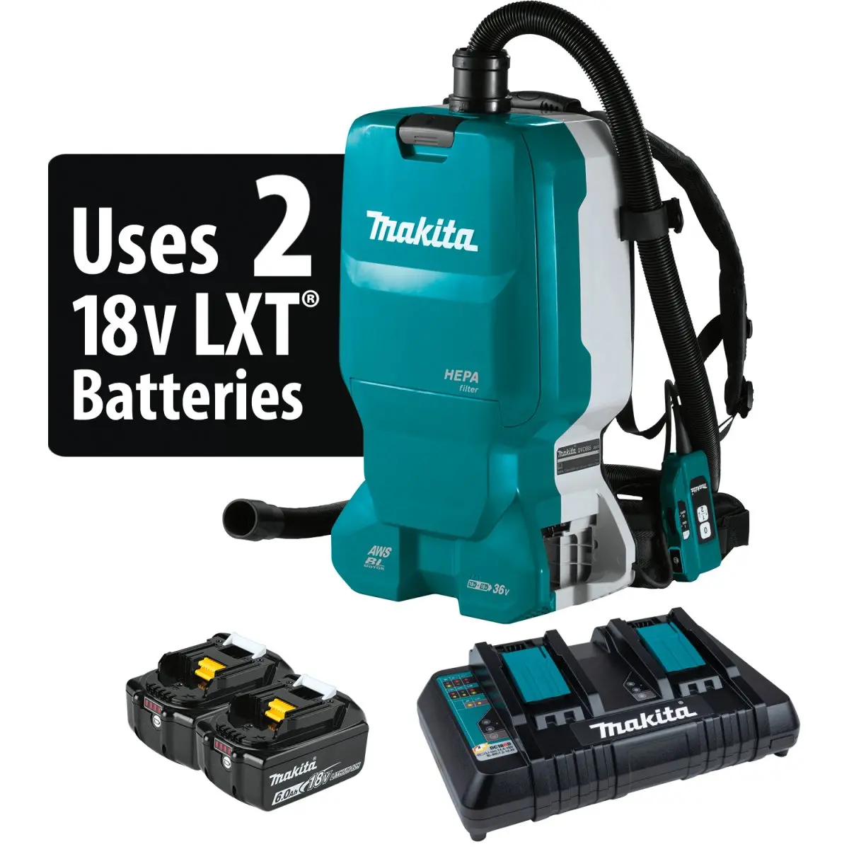 36V (18V X2) Lxt® Brushless 1.6 Gallon Hepa Filter Backpack Dry Dust Extractor, Aws® Capable (5.0 Ah) 1